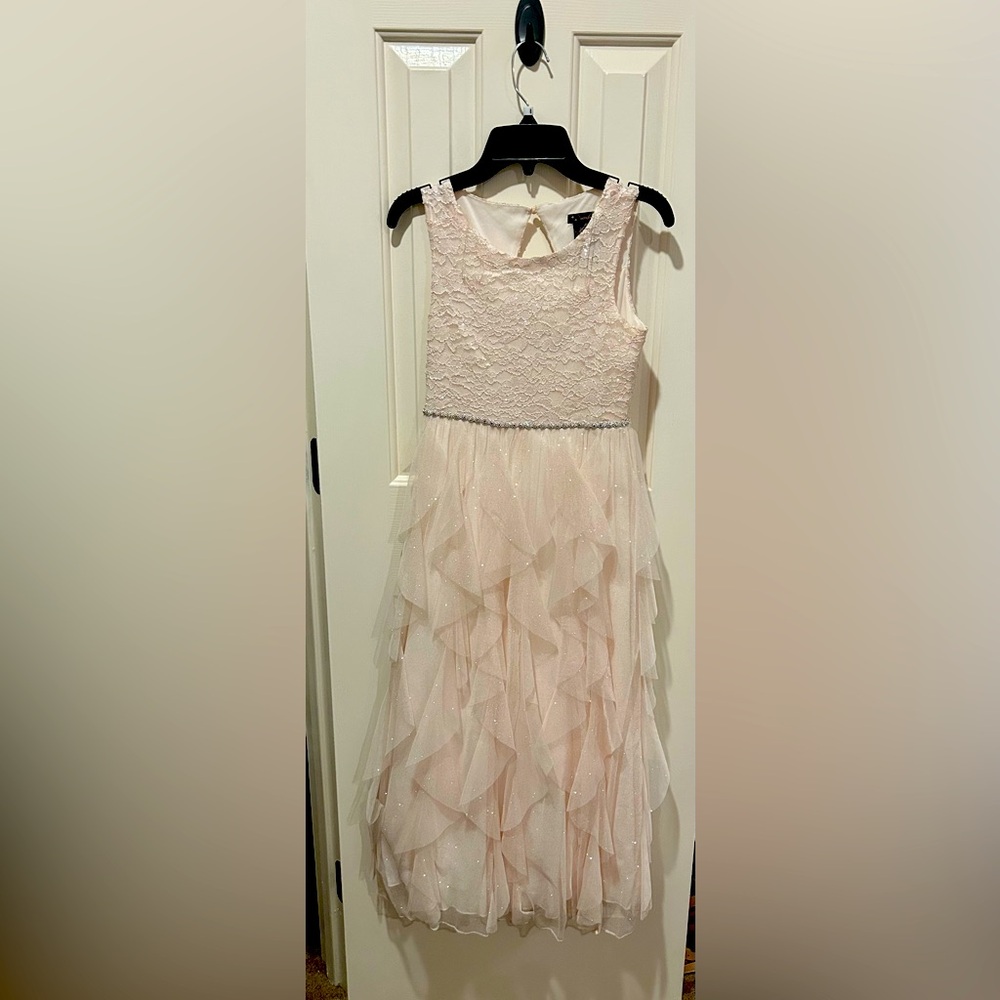 Full length pale pink dress that glitters but doesn’t shed glitter. Size 10